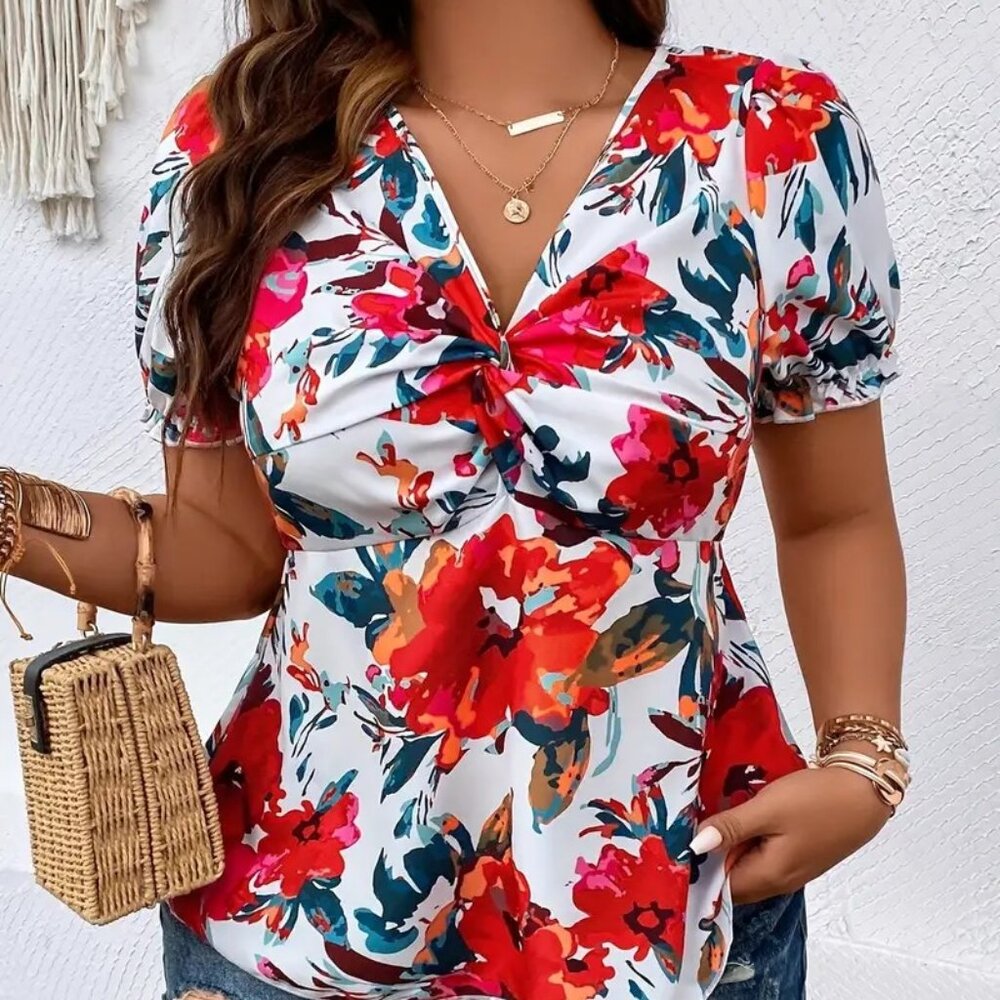 Women Plus Size Floral Print Trendy Fashion Summer Vacation Blouse Top 16W -20W